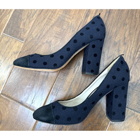 Boden Shoes - Boden Polka Dot Block Heel Pumps 38/7.5 Navy Black Suede Toe Slip On Rockabilly